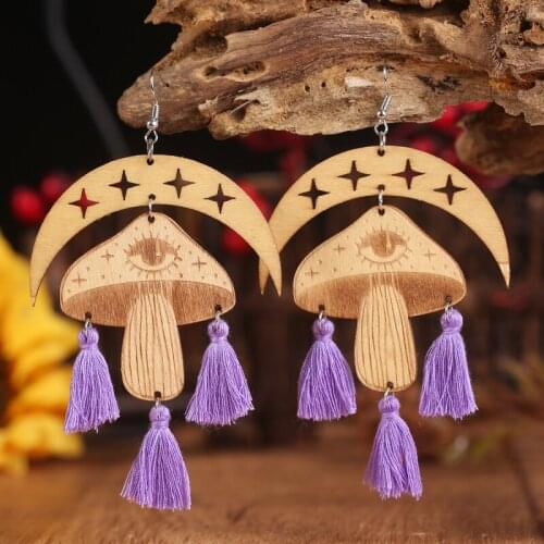Halloween Wooden Macrame Tassel Earrings Moon Mushroom Unique Trendy Retro Vintage Statement Gift Geometric Horrible Earrings