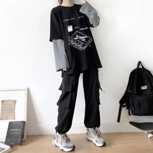 QWEEK Korean Style Fake Two Piece T-shirt Women Streetwear Harajuku Long Sleeve Print Tshirt Tees Female Tops Kpop Clothes 2021
