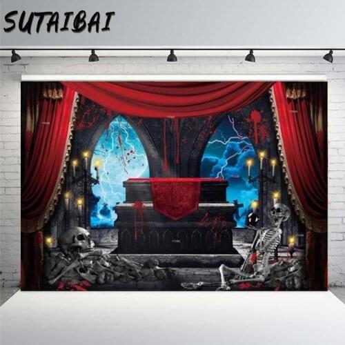 Halloween Backdrop Terror Blood Skeleton Coffin Candle Red Curtain Window Dark Clouds Lightning Decoration Background Studio