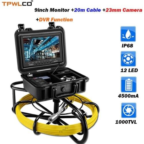 20m Cable 23mm Lens Pipe Inspection Camera 9inch Screen Drain Sewer Pipe Industrial Endoscope System 8GB SD Card With DVR