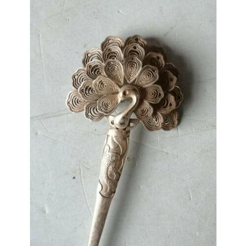 Chinese old Tibet silver Gemstone inlay Carving peacock Hairpin