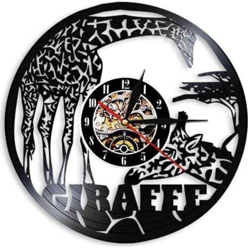 African Animal Giraffes Vinyl Record Wall Clock Home Decor Wildlife Herbivore Giraffes Laser Cut Album Disk Handicraft Art Clock