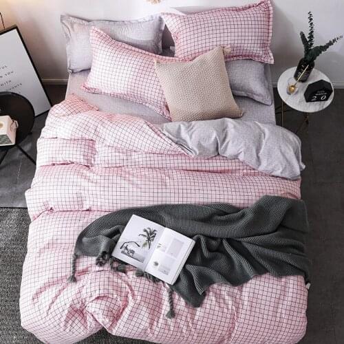 Simple Pink Grey Plaid Double Sided Comforter Bedding Set King Queen Full Single Size Bed Linen Duvet Cover Sheet Pillowcase