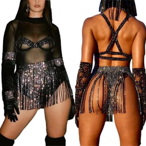 Y2k Women Glitter Rhinestone Tassel Sexy Crystal Body Chains Belly Dance Skirts Clubwear