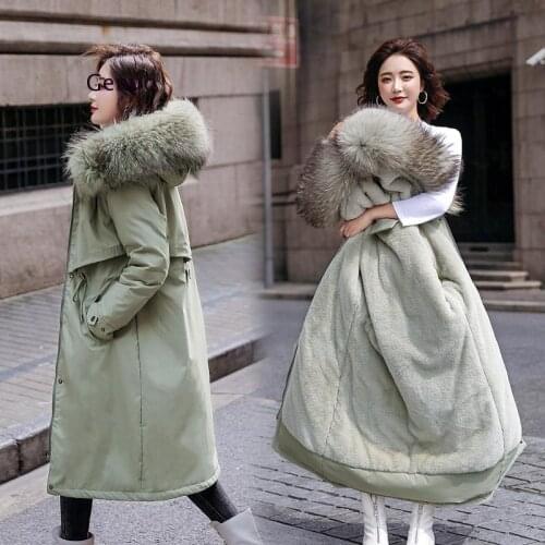 Ladies Velvet Liner Thicken Hooded Long Parka Women Slim with Big Fur Collar Outerwear Winter Jacket Women Coat Parkas Female