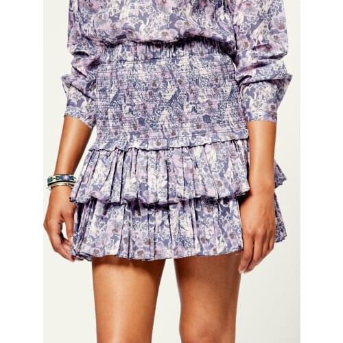 Floral Print Women Pleated Mini Skirt Ruffles Trim Elastic Waist 2021 Spring Summer Short Skirts Jupe