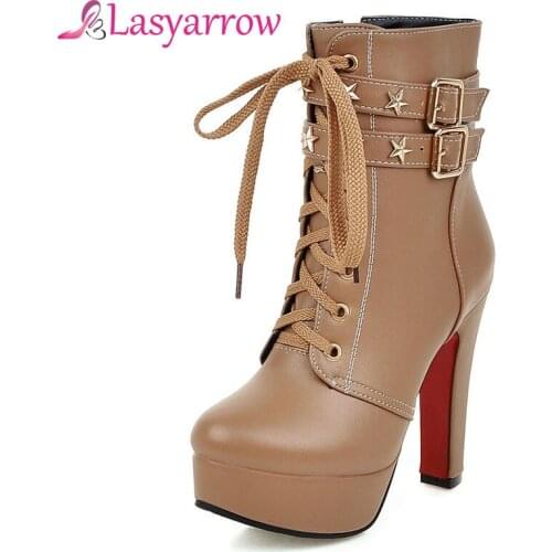 Lasyarrow Chunky High Heel Punk Motorcycle Boots Woman Lace up Platform Rivets Studded Ankle Boots for Women Round Toe Shoes