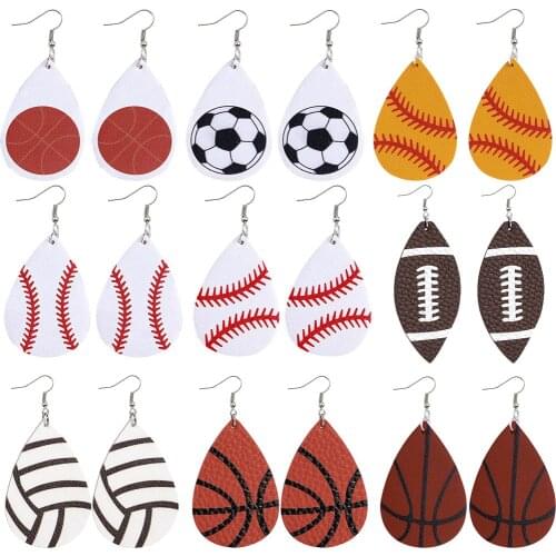 PU Leather Prints Creative Personality Earrings Fashion Sport Baseball Basketball Football Teardrop Earrings for Women and Girls