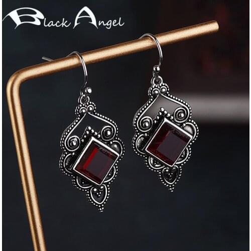 BLACK ANGEL Vintage Thai Silver Ruby Auspicious Clouds Gemstone Hook Earrings for Women Square Party Jewelry Christmas Gift