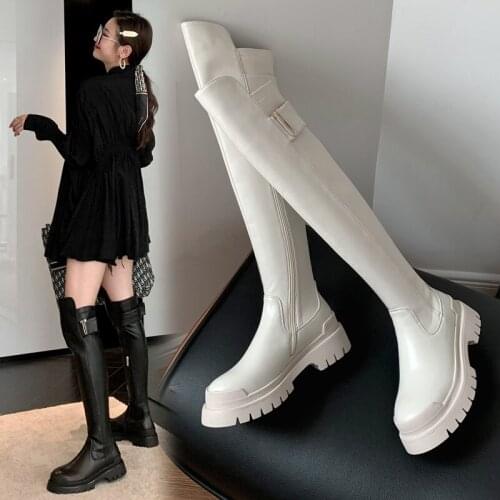 2021 Winter Over The Knee Elastic Boots Women Genuine Leather Suede Black Flat Platform Motorcycle Boots Shoes Woman Botas Mujer