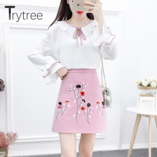 Trytree 2020 Spring Autumn Women Two Piece Set Casual O-neck Flare Sleeve Tops + Skirt Embroidery Mini Fashion 2 Piece Set