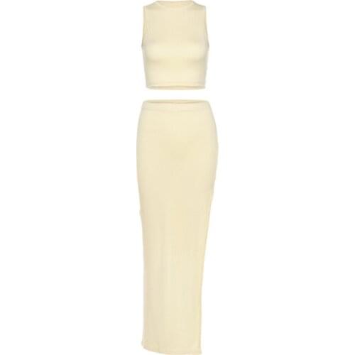 Women Sexy Two-piece Clothes Set, Solid Color Round Collar Vest and Long Slit Skirt, Taupe/ Beige