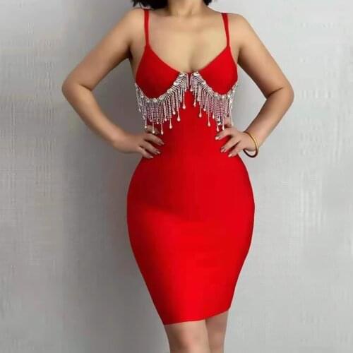 Women Sexy Sleeveless V Neck Black Red Crystal Diamonds Tassel Bodycon Bandage Dress Elegant Celebrity Evening Party Dress 2021