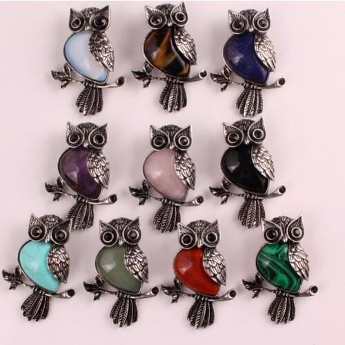 12pcs/lot Natural Stone Amethysts Cute Animal Pendant Necklace Jewelry Fashion Lapis lazuli Howlite Owls Healing Necklaces Free
