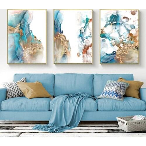 Canvas Print Blue Gold Painting Abstract Wall Art Large Pictures for Living Room Bedroom Nordic Home Light Luxury Posters Decor