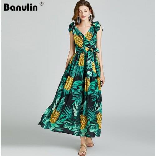 Banulin 2021 Summer Fashion Runway Maxi Dress Womens V-Neck Fruit Pineapple Print Bow Knot Holiday Boho Long Dress N7410