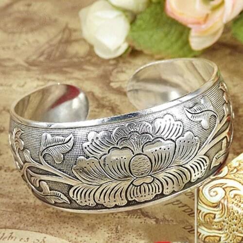 Vintage Flower Printed Bangle Women Beautiful Lotus Peony Bracelet Cuff Ladies Wrist Jewelry Wedding Engagement Accessories