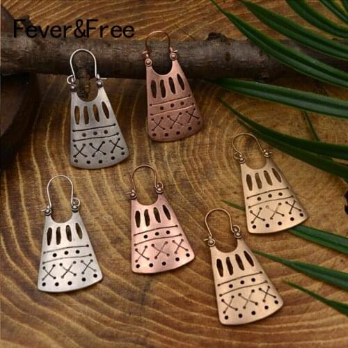 Fever&Free New Vintage Ethnic Big Earrings Hanging Antique Gold Hollow Out Cross Statement Dangle Earrings Indian Jewelry