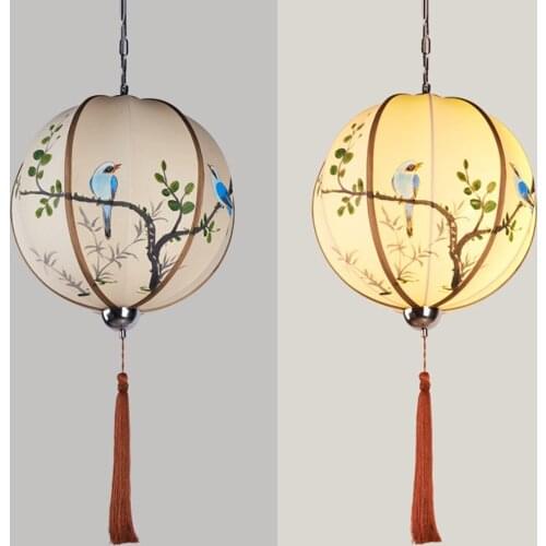 Chinese Hand-Painted Pumpkin Restaurant Pendant Light Balcony Corridor Hanging Lamp Pastoral Birds Bedroom Pendant Lamps