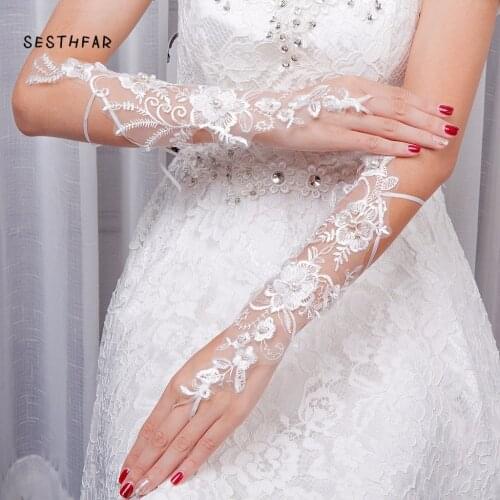 Lace Flowers Bride Wedding Gloves Pearl Fingerless Long Bridal Gloves Women Wedding Accessories