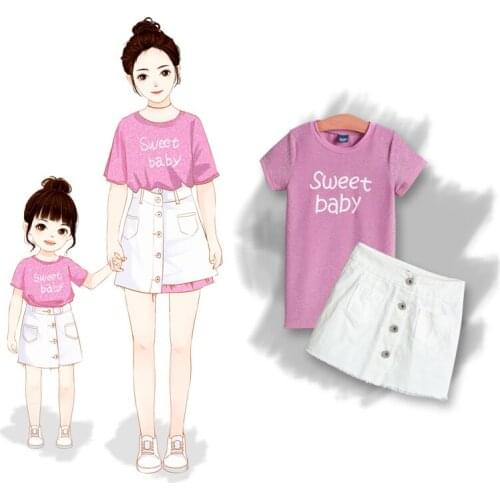 Girls summer dress skirt 2019 new stylish mother daughter short sleeve pink T-shits and white skirt sets