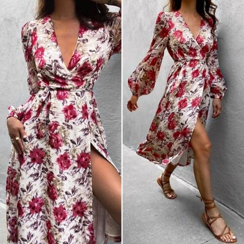 Summer Women Dress Long Sleeve Beach Style Bohemian Sexy V-Neck Slit Print Colorful Elegant Fashion Casual Female Vestido C2575