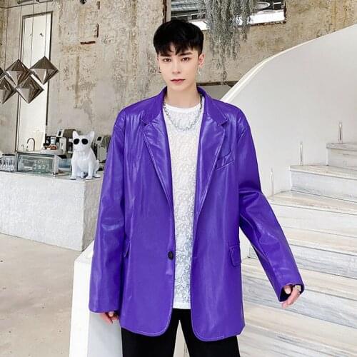 Men Bright Purple Green Loose Casual PU Leather Suit Jacket Blazers Coat Male Vintage Night Club Style Stage Costume 2021 New