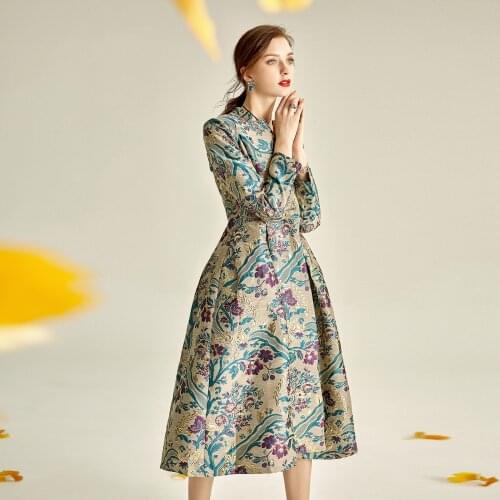 2020 Fall New Arrival Womens Clothing , Vintage Womens High Waisted Floral Dobby Trench Coat , Autumn Spring Woman Coats