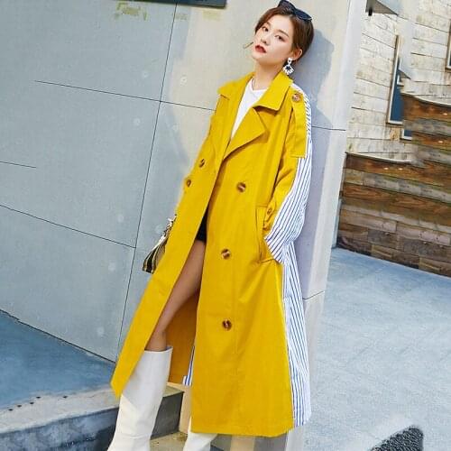 New Spring Autumn Coat Women Fashion Stripe Patchwork Contrast Color Thin Windbreaker With Belt Personality Jacket Long Parkas