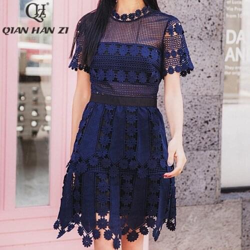 Qian Han Zi Summer Runway designer fashion women dress Stand collar elegant flower lace openwork Gorgeous party dress vestidos