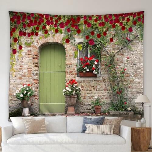 Retro Window Flowers Plant Tapestry Vintage Door Bicycle Living Room Bedroom Decoration Mural Wall Hanging Tapestries Washable