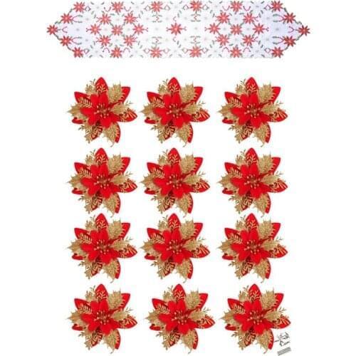 Christmas Embroidered Table Runner With Red Poinsettia Artificial Christmas Flowers Christmas Tree Ornament