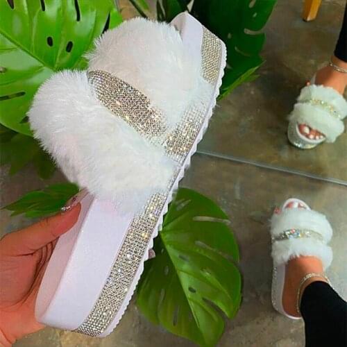 Summer Plush Slippers Fashion Open Toe Solid Color Womens Sandals Silver Rhinestones Outdoor Casual Womens Shoes Large Size