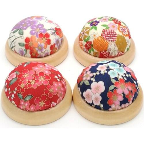 Splicing Pastoral Round Pin Cushion Wood Base Fabric Needle Storage Holder Bag Vintage Half Round Pin Cushion Wooden Base