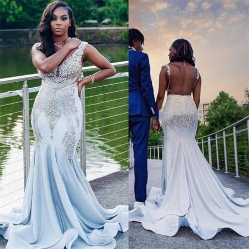 Crystals Wedding Dresses 2021 Plus Size African V Neck Beading Mermaid Bridal Gowns Sexy Backless Satin Vestidos De Novia