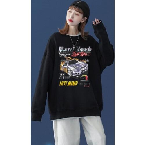 Sunfiz YF DreamCar Round Neck Sweater Casual Long Sleeve Black Cute Long Pattern Top Womens Sweater Top Womens Winter Sweater