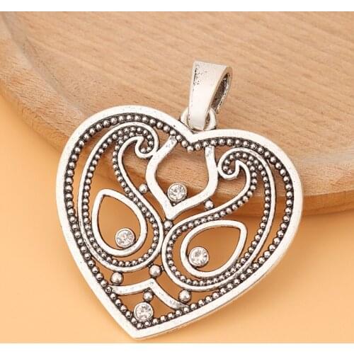 5pcs/Lot Large Heart & Rhinestone Tibetan Silver Charms Pendants for Necklace Jewelry Making Accessories