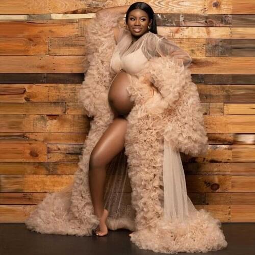 Champagne AfricanTulle Maternity Dresses for Photoshoot Puffy Sleeves Front Slit or Open Long Tulle Robes For Pregnant Women