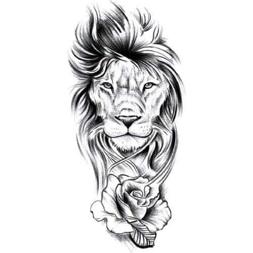 Waterproof Temporary Tattoo Sticker Black Sketch Lion Rose Flower Line Fake Tattoos Flash Tatoos Arm Leg Body Art for Women Men