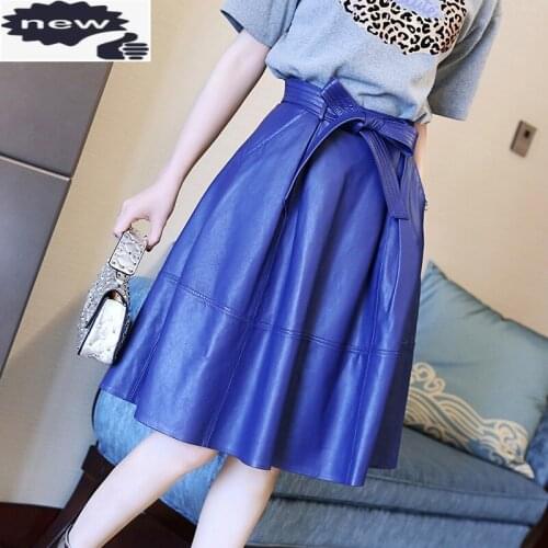 Vintage High Waist A Line Women Middle Length Genuine Leather Skirts New Spring Sweet Ladies Bow Sheepskin Pleated Skirt