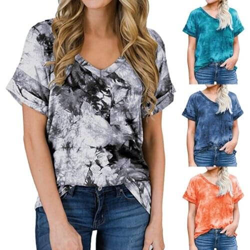 Womem Tops Casual Summer Tie Dye Print V Neck T shirt Curling Short Sleeve Loose Top Streetwear 10 Color