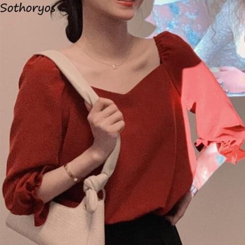 Sweet Shirts Women Short Puff Sleeve Ladies Blouses V-neck Temperament Loose All-match Korean Style Vintage Retro Tops Stylish