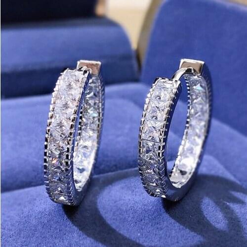 Trendy 925 Sterling Silver Full Square 5A Cubic Zirconia Hoop Earrings for Women Fine S925 Jewelry Diamond Circle Earring Gift