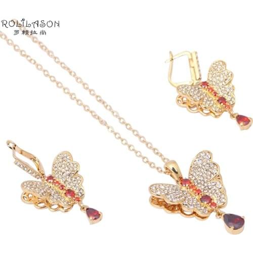 Butterfly luxury design gold Tone Austria zircon Red crystal women Fashion Jewelry Set Necklace Pendants Earrings JS454