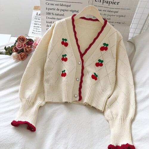 Cherry Embroidered Cardigan Women 2021 Sweet Cute V Neck Knit Wear Kawaii New Mujer Chaqueta Autum Winter Puff Sleeve Sweaters