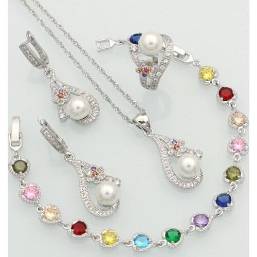 Multicolor Crystal White Pearls 925 Sterling Silver Jewelry Sets For Women Wedding Necklace/Earrings/Bracelet/Pendant/Ring