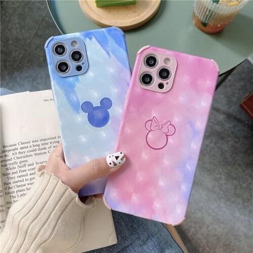 2021 Disney Watercolor Mickey Minnie for iPhone 7 plus xr xs max 11/12pro max 12mini kawayi 3d Glow gradient couple phone case