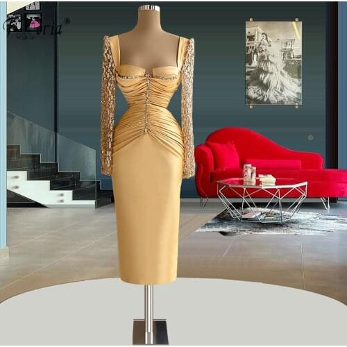 Long Sleeves Yellow Arabic Square Neck Ruched Satin Evening Dress 2021 Tea Length Abiye Elbiseleri Vestido De Fiesta De Boda