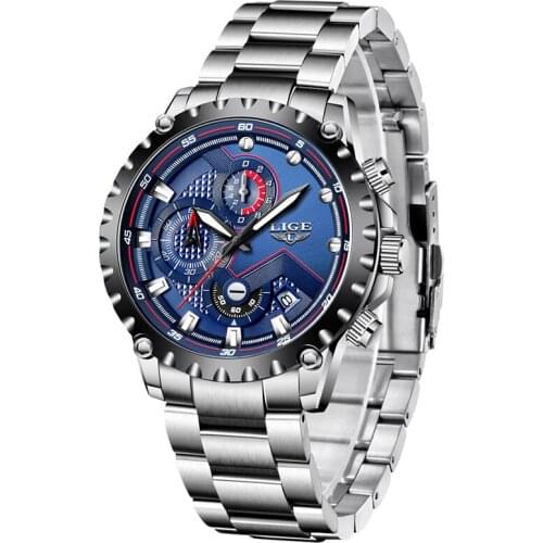 Relogio Masculino 2020 LIGE Fashion Business Mens Stainless Steel Waterproof Watch Men Military Sport Quartz Clock Chronograph