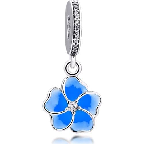 CKK Fits Pandora Bracelet Argent Charm 925 Sterling Silver Blue Enamel Poetic Blooms Flower Charms Beads for Jewelry Making